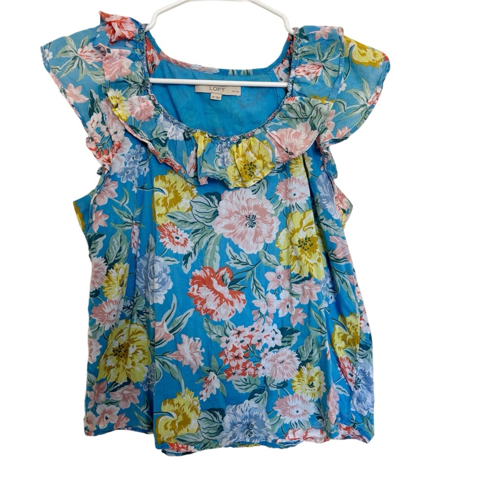 LOFT Women's size MP blue blouse, floral, vacation, petite, summer